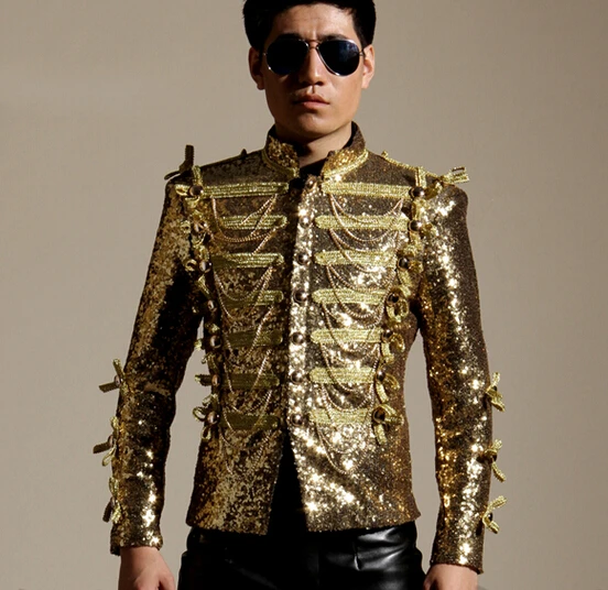 2015 new fashion mens gold sequins tassel blazer ds dj male singer dancer performance outerwear costume jazz show slim jacket