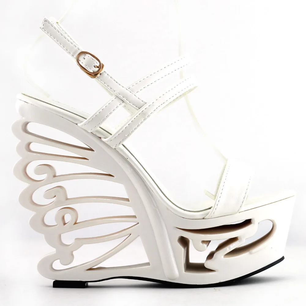 LF51801 Black/White Strappy Bride Wedding Wedge Butterfly Heel Sandals