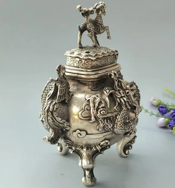 Collectible archaize white copper kirin dragon phoenix incense burner