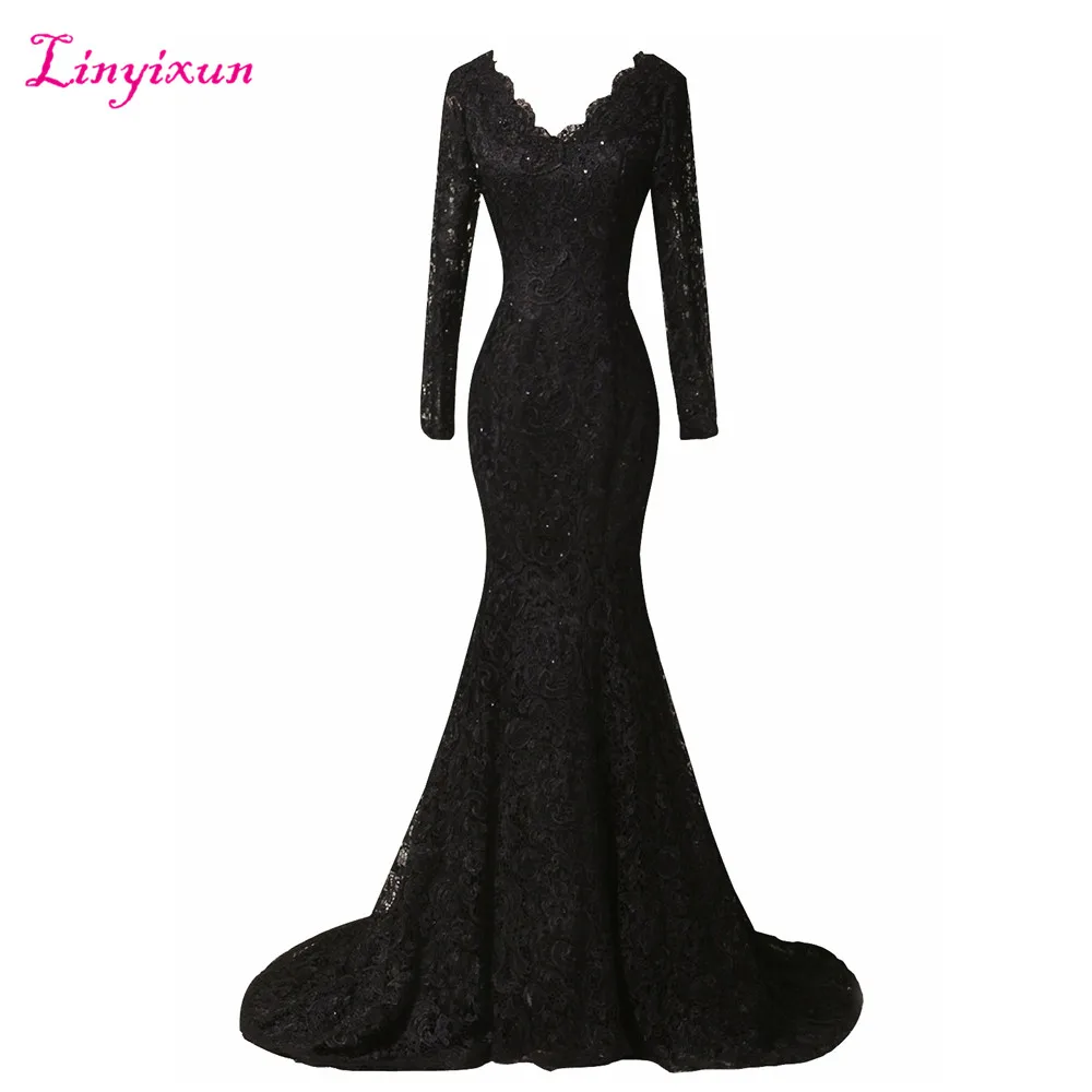 

Linyixun Real Photo Black V Neck Lace Prom Dresses 2020 Sweep Train Full Sleeve Evening Dresses With Appliques Robe de soiree