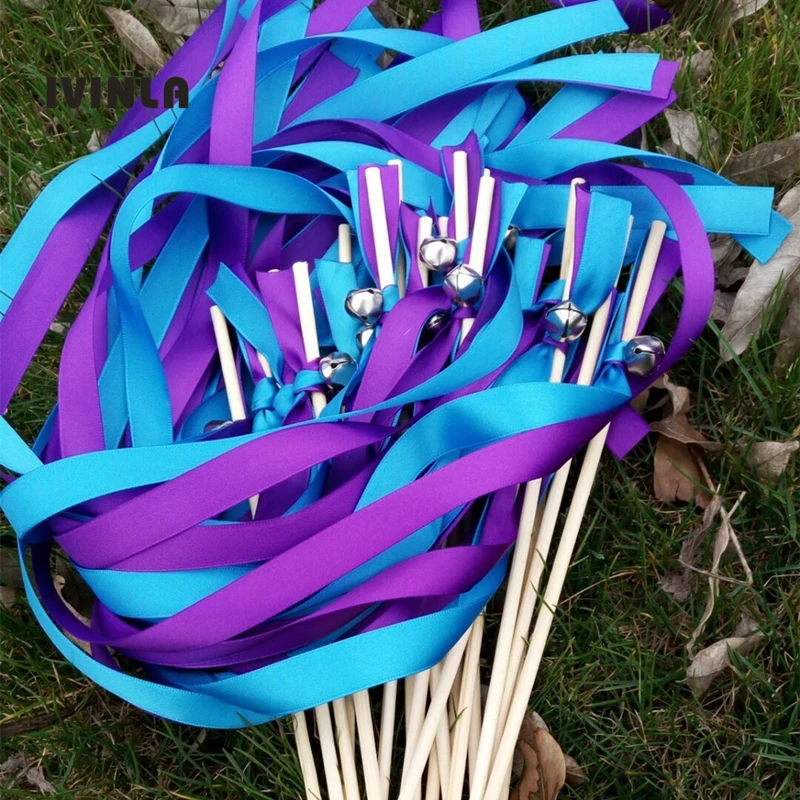 50pcs/lot  purple and blue wedding ribbon wands with big sliver bell for wedding