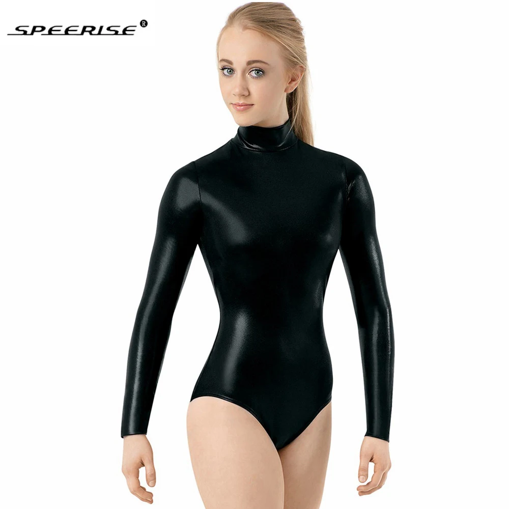 

Speerise Dance Shiny Metallic Leotard For Women Silver Turtle Neck Ballet Gymnastics Leotards Long Sleeve Mens Bodysuit Costumes