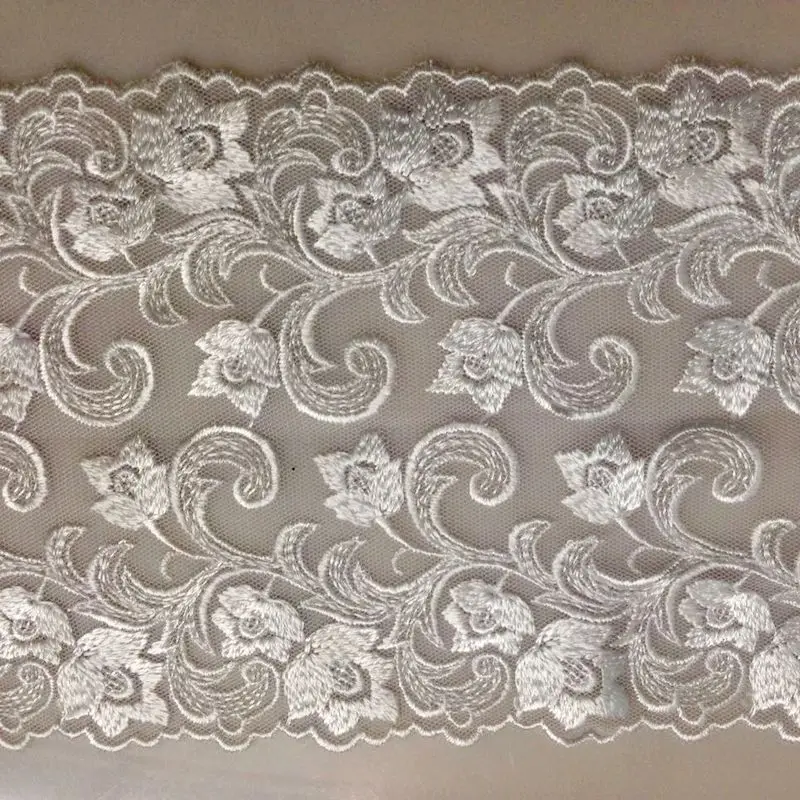 Tecido de renda bordada para vestidos de festa de casamento, malha branca, faça você mesmo, guarnição para bordado, 15cm de largura, 12yds/lote