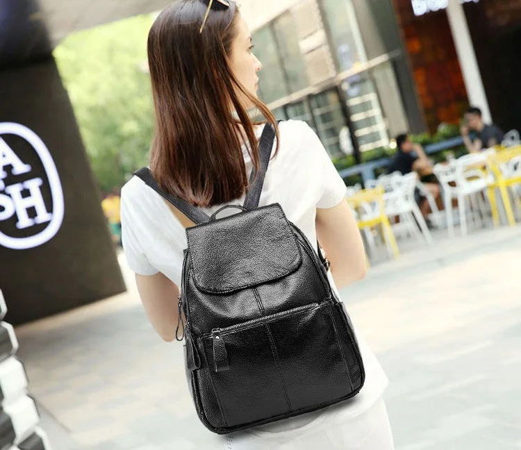 NIGEDU 100% Genuine leather Women Backpack with zippers big capacity black college backpack schoolbag female Travel bag Daypack