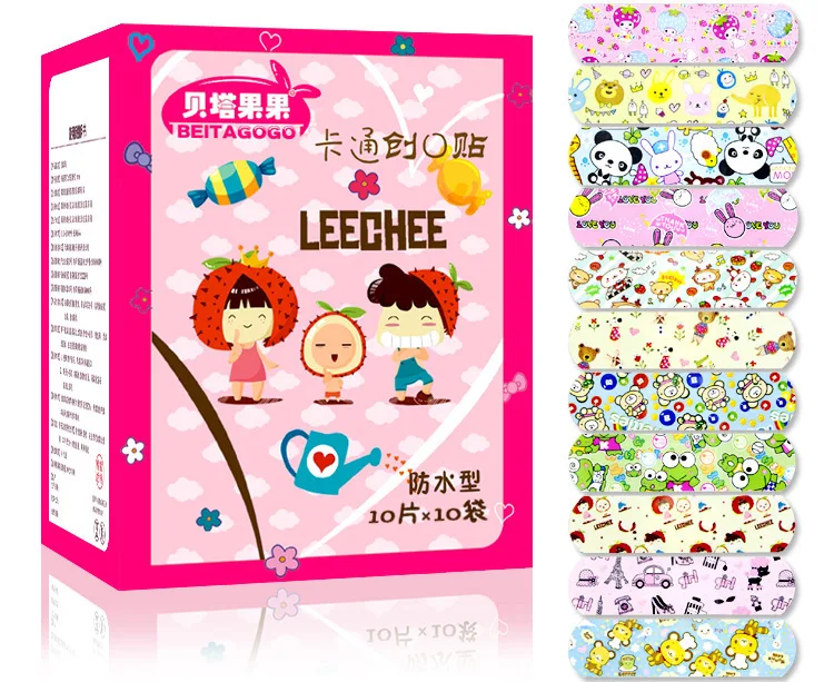 100PCS Cute Animation Waterproof Cartoon Bandage Sticker Baby Kids Care First Band Aid Travel Emergency Kit