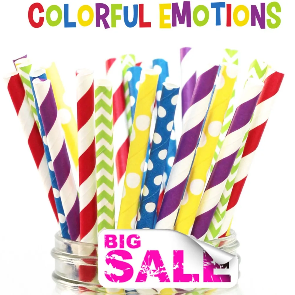 100 Pcs Mixed Colors COLORFUL EMOTIONS Drinking Paper Straws,Purple,Red Stripe,Navy Swiss Dot,Lime Chevron,Rainbow,Kids Birthday