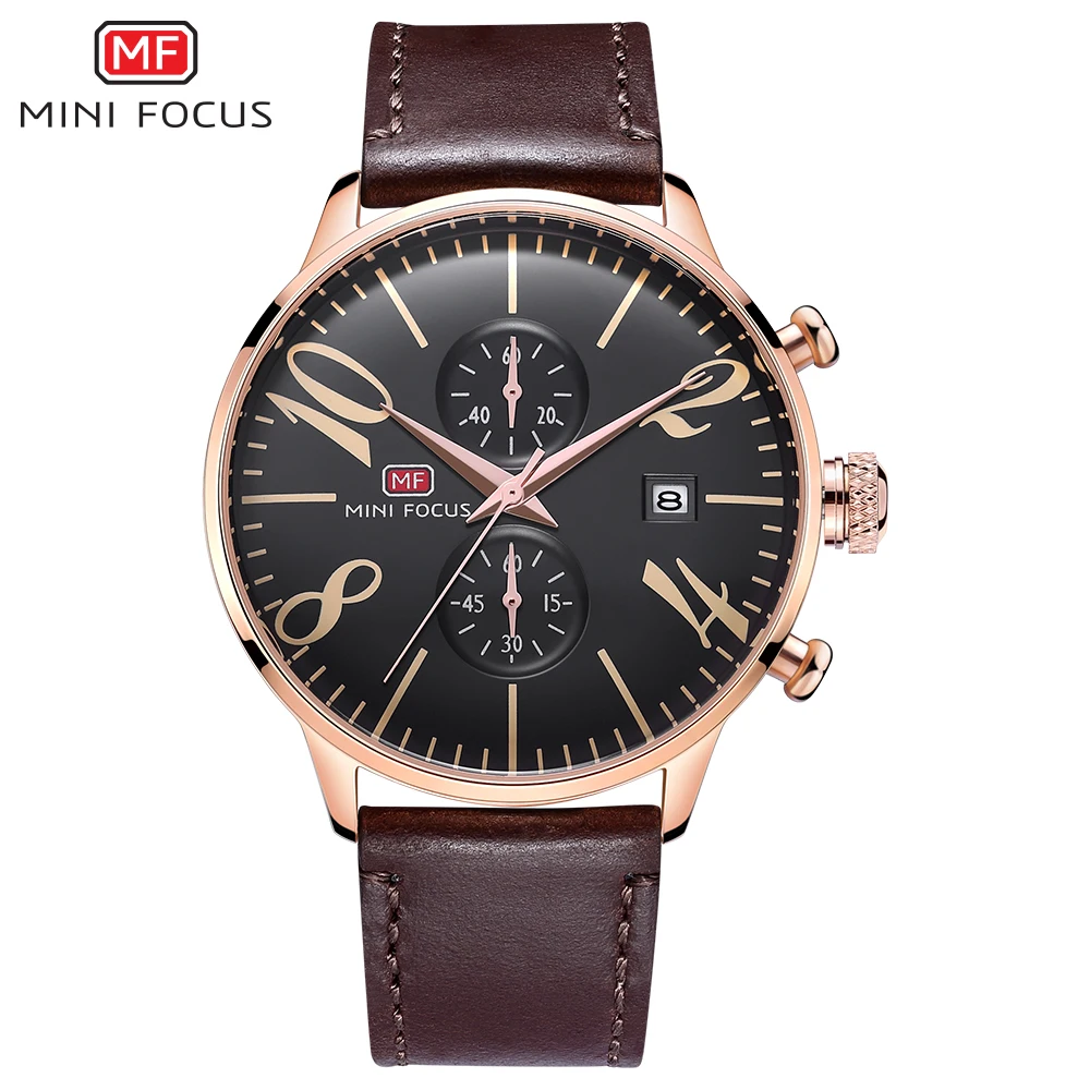 MINI FOCUS Brand Men's Fashion Watch Male Genuine Leather Strap Clock Wrist Watches Quartz Waterproof Chronograph Date Display