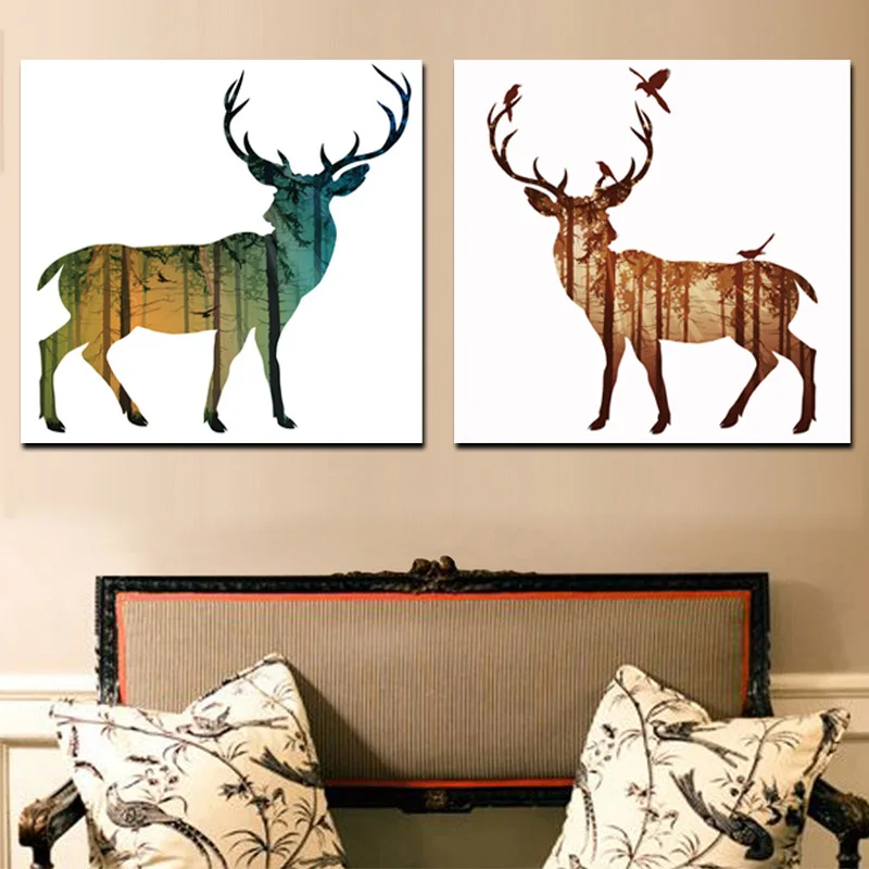 2 Panel Abstract Artistic Deer Elk with Forest Bird Canvas Painting Animal Print Poster Minimalist Wall Picture For Living Room