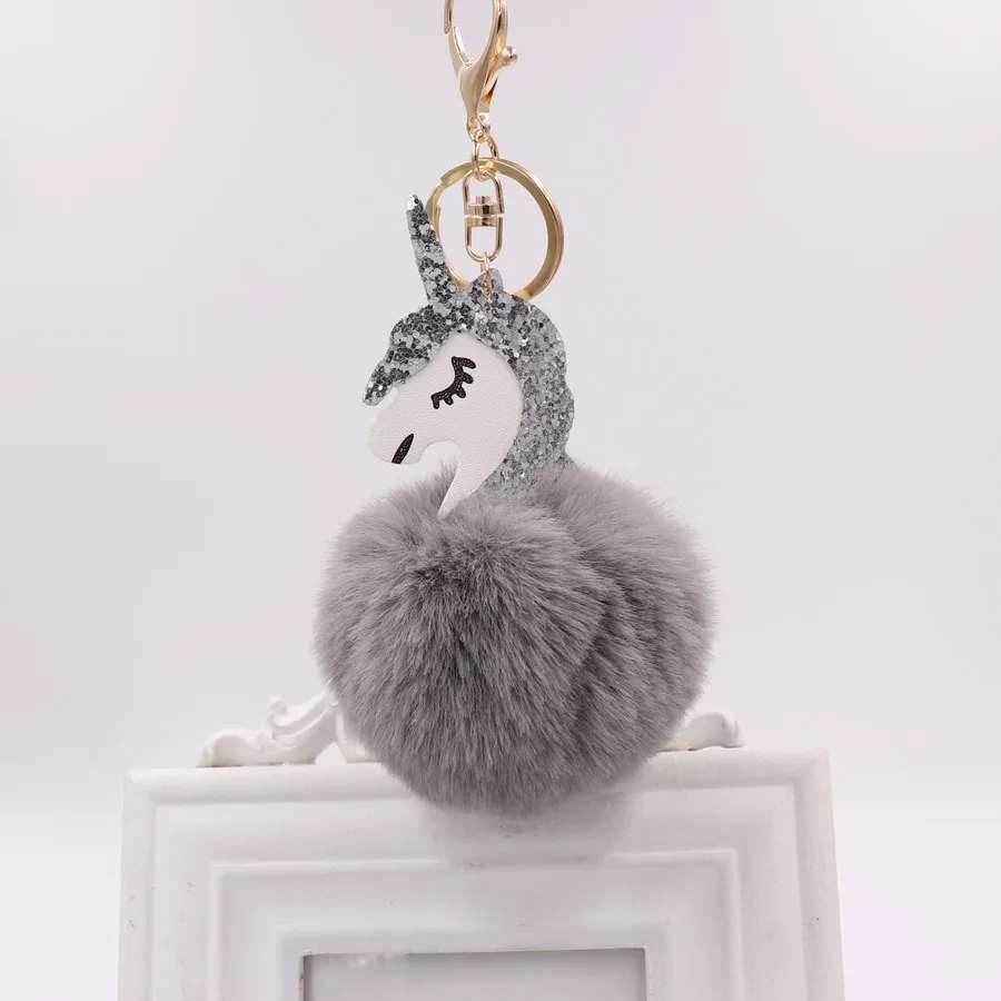 Pom Unicorn Keychain Rabbit Fur Ball Horse Key chain porte clef holder fluffy pompon Bag Car Key Ring For Women Accessories