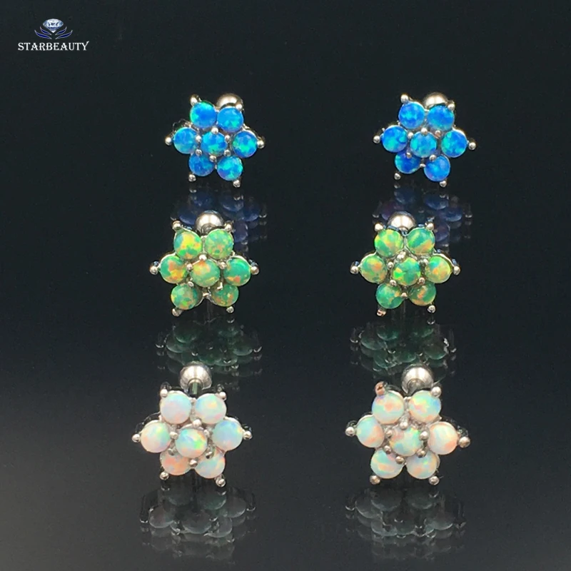 1 Piece Luxury Full Opal Stone Piercing 16G Cartilage Earrings Studs Tragus Auricle Piercing Helix Piercing Ear Jewelry Ball End