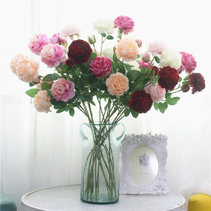 3 فرع الفاوانيا روز جدار زهرة وهمية، النمط الغربي، DIY الزفاف، حفلة المنزل، المكتب، الفندق، ديكور المكتب #6