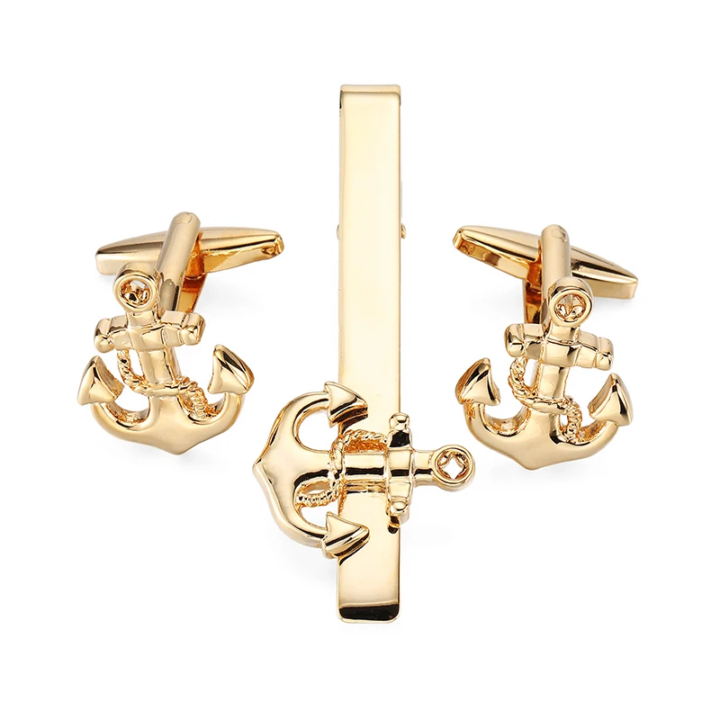 

High Quality Luxury Tie Clip& Cufflinks golden Ship Anchor Cuff Link and Tie Clip Set Man French Shirt Button Wholesale