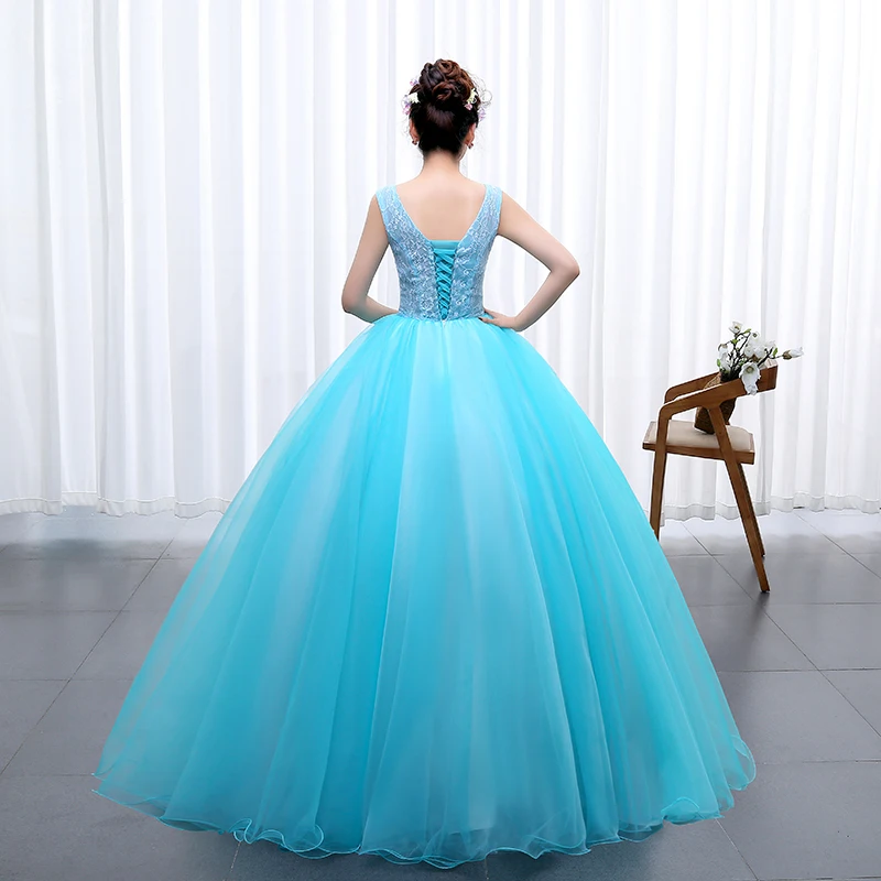 Y & M-vestidos de quinceañera azules para mujer, vestido de baile Sexy con cuello en V, encaje precioso para fiesta de graduación, vestidos de regreso a casa, talla grande