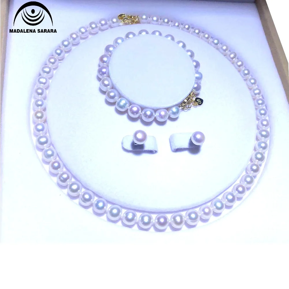 MADALENA SARARA AAA 8-9mm Freshwater Pearl Strand Necklace  White Pink Pearl Set Necklace