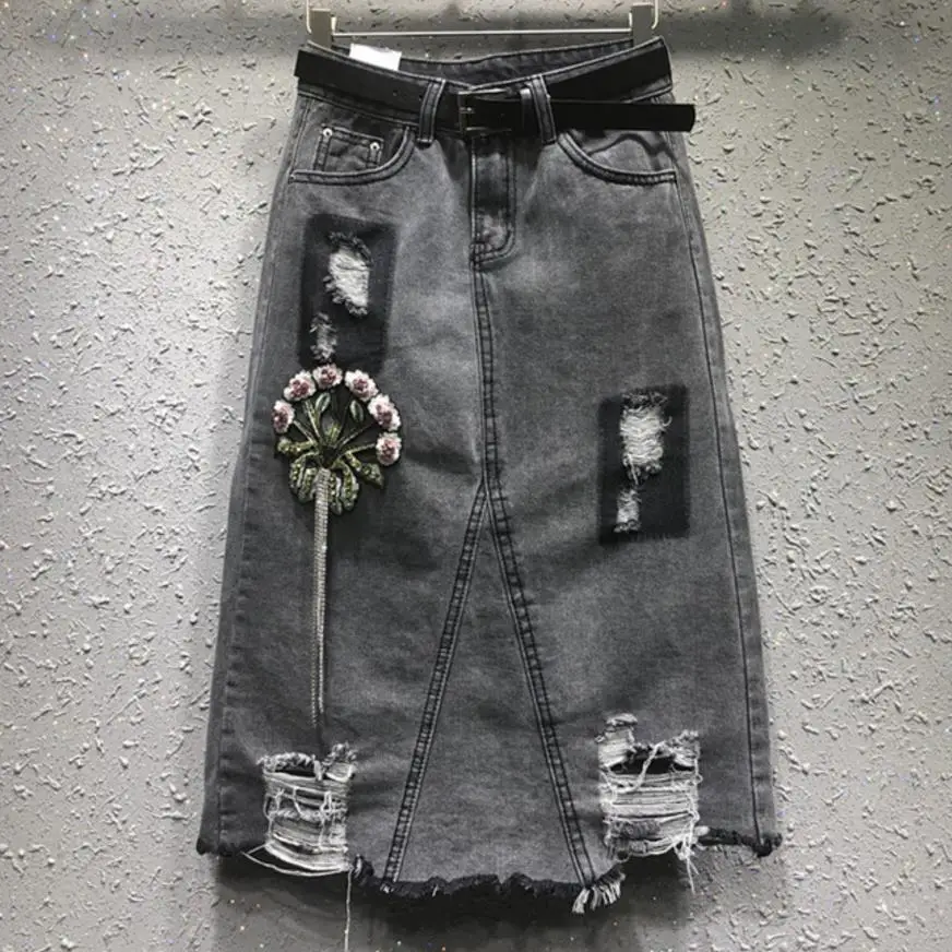 High waist beading Embroidered Hole Denim Skirts Women  Autumn  a-line Jeans Skirt