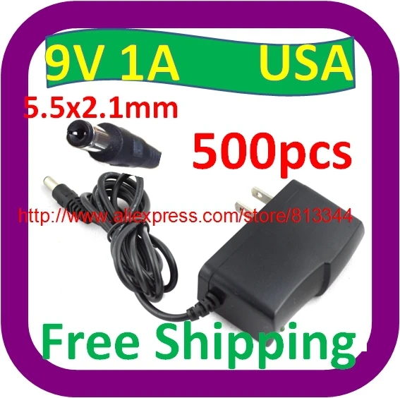 500 pcs  AC 100V-240V Converter Adapter DC 9V 1A / 9V 1000mA Power Supply USA Plug 9V  5.5 mm x 2.1mm