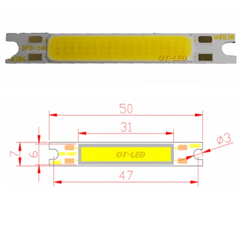 10pcs/lot Warm Natural Cool White 3W 5W 50x7mm COB LED Strip Chip On Board Light Source For Wall Table Lamps DC 9V 11V LED