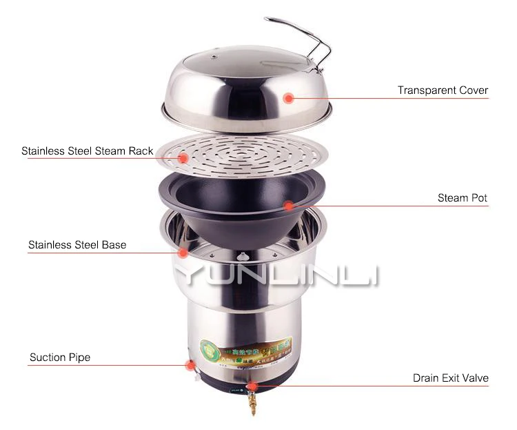 Commercial Electric Hot Pot Multifunctional Steam Hot Pot Stainless Steel Cooking Pot Anti-Scal Glass Cover BST-2800