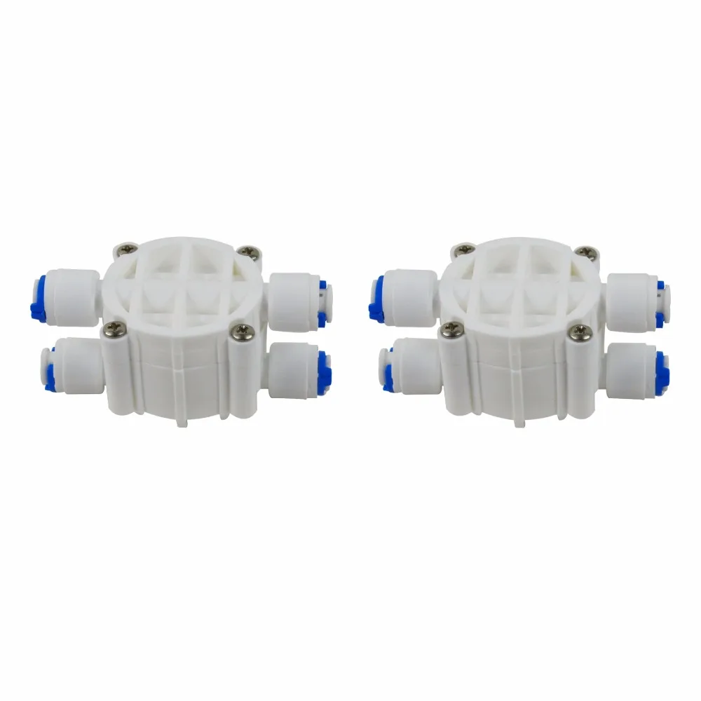 Adaptador de cuatro vías de 1/4 "OD, válvula de cierre automático para filtros de agua y sistemas de ósmosis inversa RO, paquete de 2