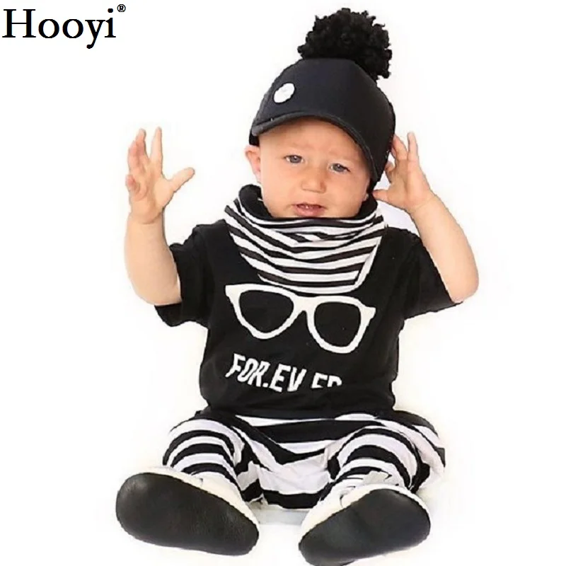 Hooyi 2018 Baby Boy Clothes Set Glass For Ever Children Black T-Shirt White Stripe Pant Suit Kids Outfit 100% Cotton Summer Tops