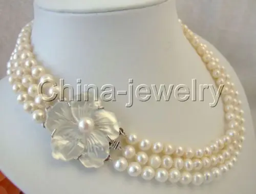 

FREE shipping Beautiful AAA 17-19" 3row 9mm white round freshwater pearl necklace-shell clasp