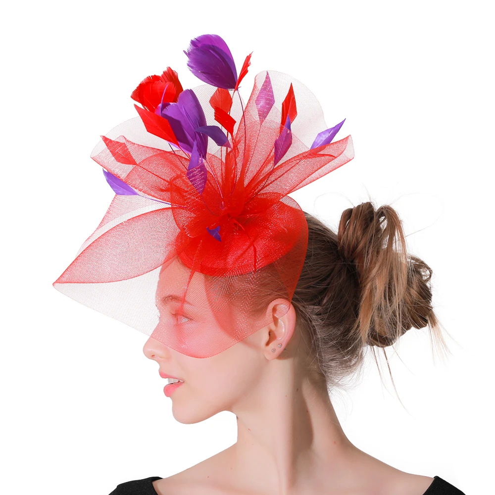 Moda pomarańczowe kobiety fascynatory włosów akcesoria kapelusze dla eleganckich pań śubne nakrycie głowy Party Tea Royal Fancy Feather Headpiece