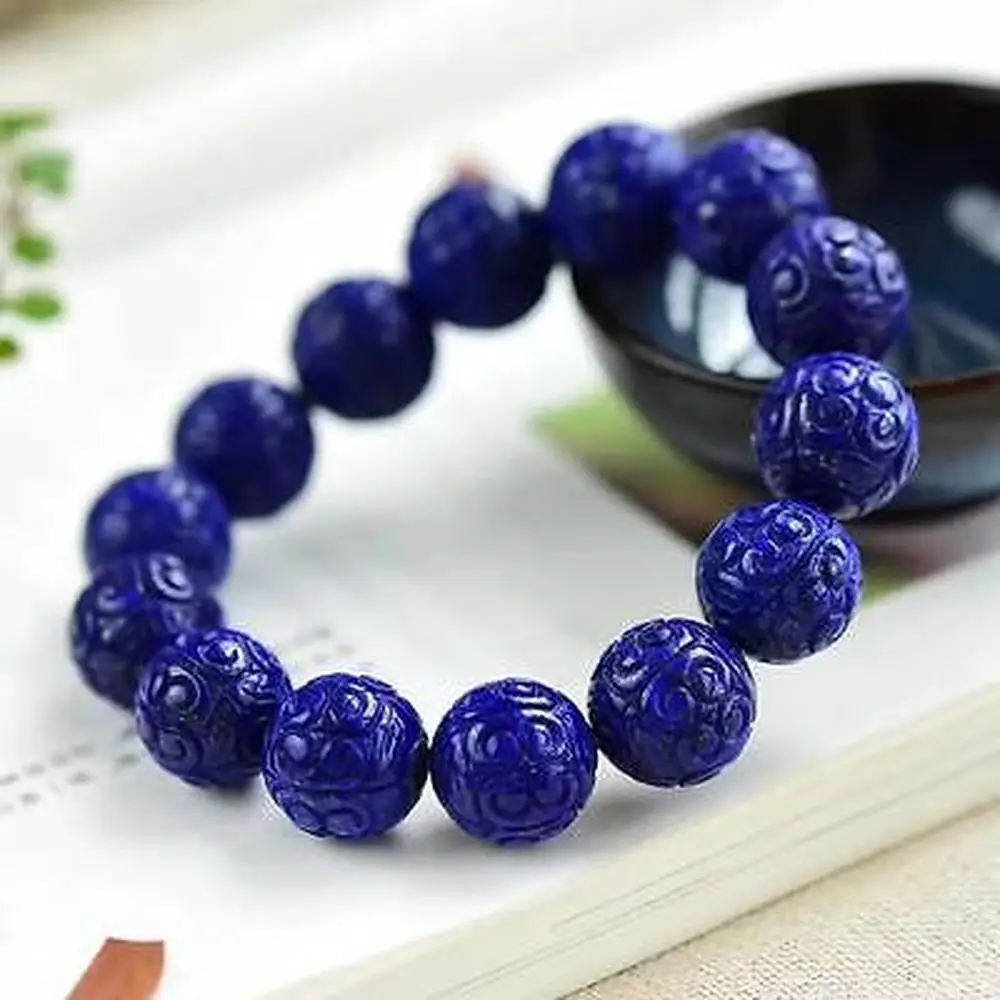 Natural Blue Lapis Lazuli Carved Beads Bracelet 15mm Blue Lapis Bless Healing Stone Women Men AAAAA