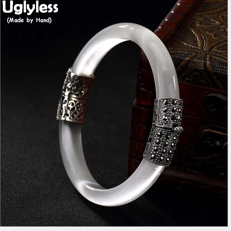 

Uglyless 100% Real 925 Sterling Silver Open Bangles for Women Natural Shinning Opal Bangle Cat's Eye Stone Fine Jewelry Ethnic