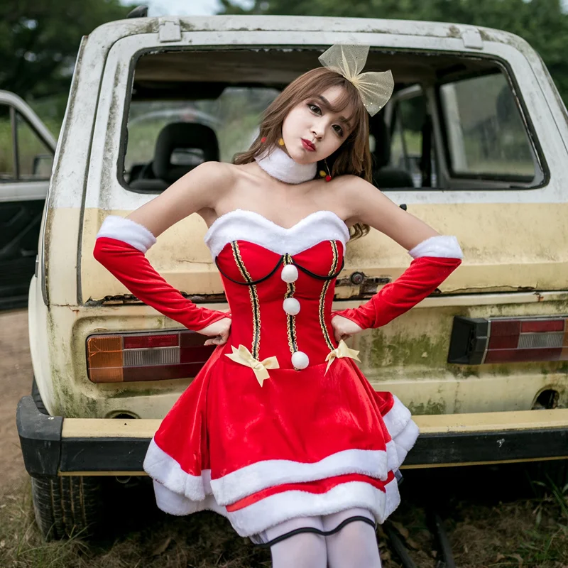 

4 Pieces Christmas Dress Women Christmas Costume For Adult 2018 Sexy Off Shoulder Red Elf Christmas Costume Sweet Cat Dress