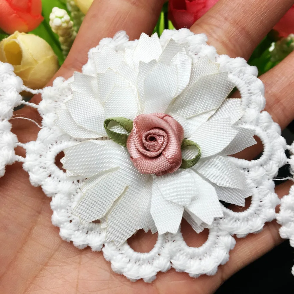 

10Pcs White 3D Rose Flower Lace Trim Ribbon French Fabric Embroidered Applique DIY Sewing Craft Crochet Wedding Dress Clothes
