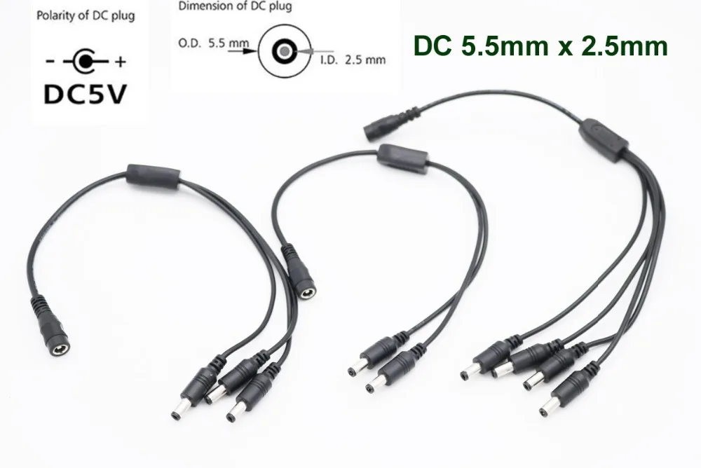 1pc 5.5mm x 2.5mm 1 Female to 2/3/4 Male Plug Port 12V CCTV Camera DC Power Splitter Adapter Connector Cable 37cm Copper