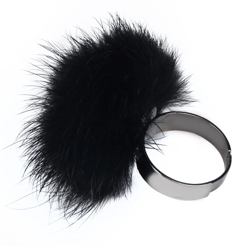 LFPU Genuine Soft Mink Fur Ball Ring Adjustable Finger Wedding Ring For Women Girl Party Wedding Jewelry