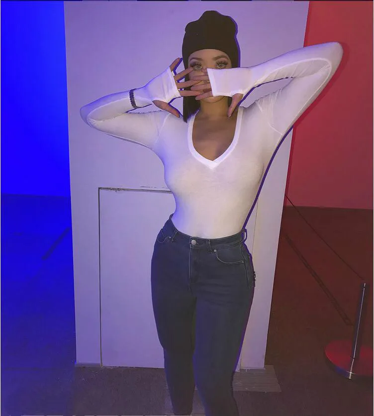 5 colori A Manica Lunga Sexy Della Tuta Delle Donne Ha Lavorato A Maglia Aderente Skinny Solido Camicia Profondo Scollo A V Pagliaccetto Elegante Autunno Tuta Vestito Del Corpo