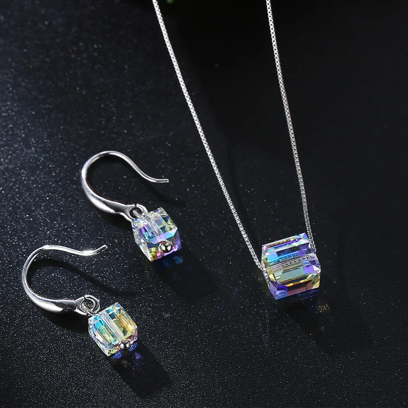 Luxury Colorful Beads Jewelry Sets Crystals From Austria Silver Color Cube Pendant Necklace Dangle Earrings Bracelet For Women