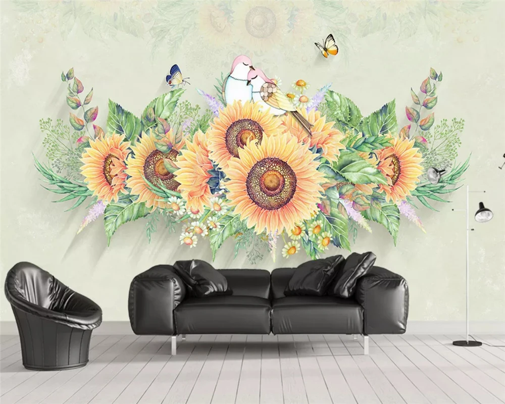 Papel de pared beibehang personalizado con personalidad moderna, papel tapiz vintage de girasol pintado a mano, pintura decorativa de fondo