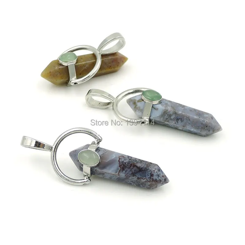 Indian Agate Point Hexagon Pillar Pendant Of Gluing Brass Swing Setting Platina Plated Approx 47*17mm