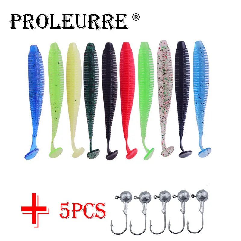 Proleurre 15 pcs/lot Soft Lure Worm Grub Fishing Hook Set 95mm 3g Aritificial Soft Bait Silicone Jigging Wobblers Fishing Lure