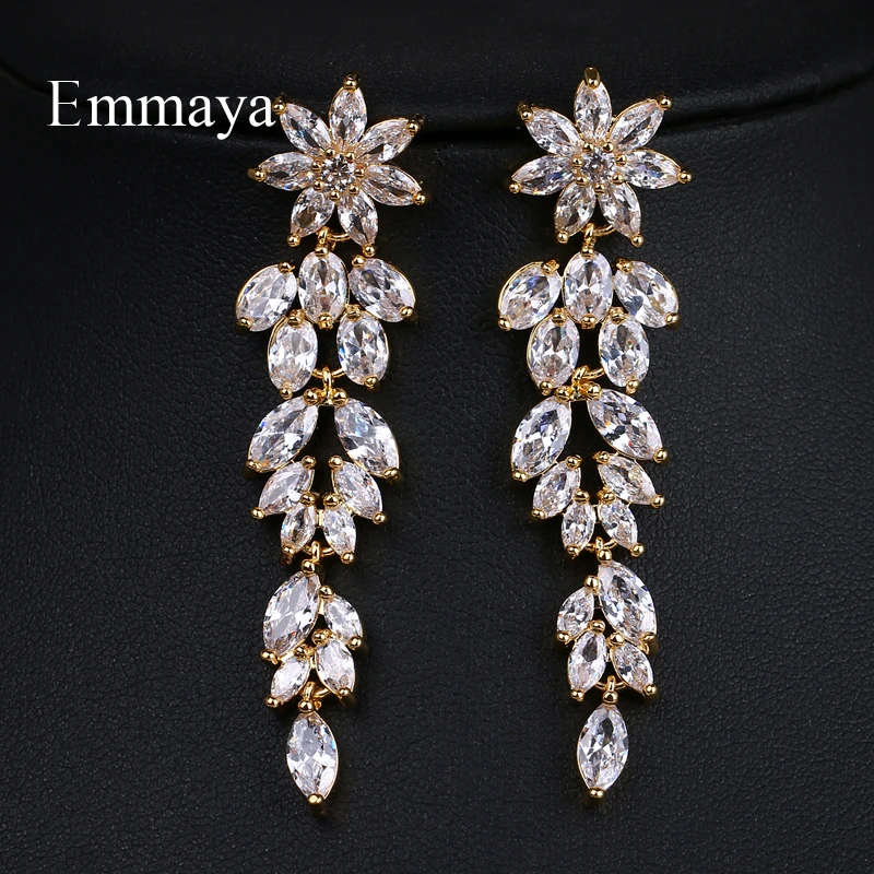 Emmaya Fashion Female Crystal Leaf Drop Earrings 3 Colors Zircon Earrings Boho Wedding Jewelry Long Dangle Earrings
