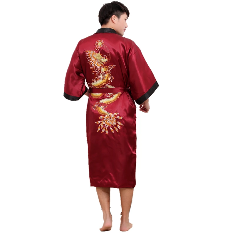 Hotel bathrobe Chinese Men Reversible Satin Robe Gown male Embroider Dragon Kimono Bathrobe Two-side dressing gown Sleepwear