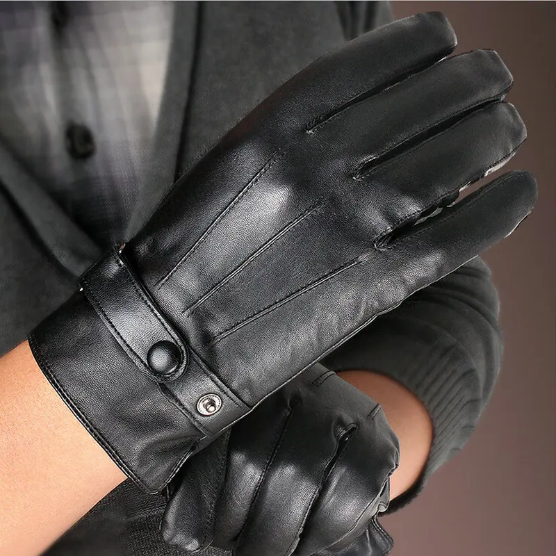 Men Leather Gloves Men Sheepskin Leather Gloves Fur Motor Gloves Wool Mittens Pure Colour Warm Winter Men Gloves