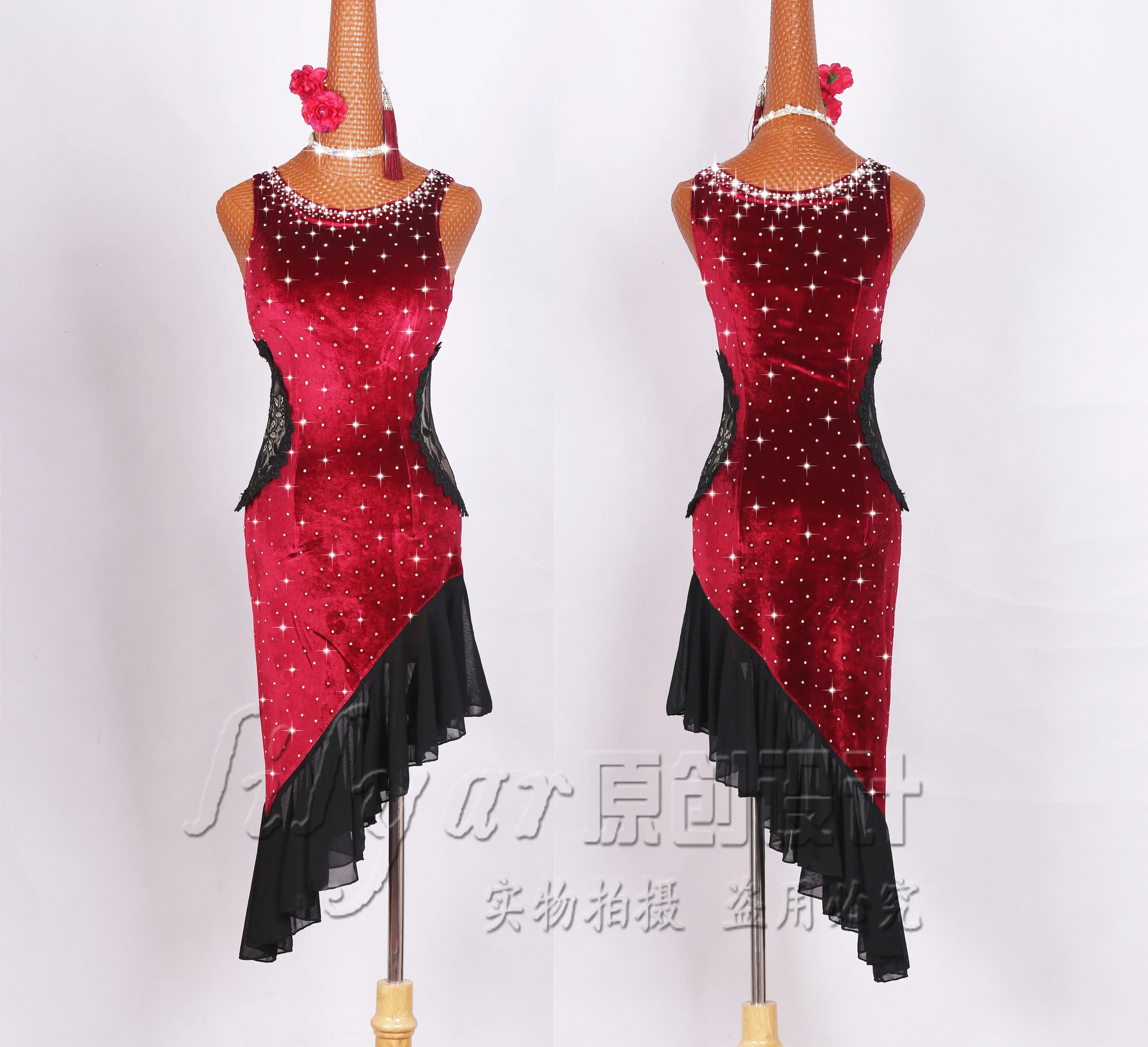 

Latin dance competition dress performance dress performance dress wine red velvet high-end dance skirt earrings