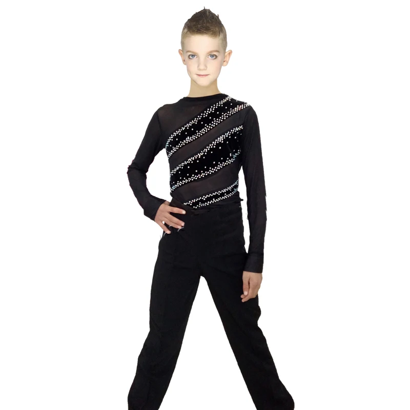 Boys Latin Dance Shirts Children Black Fringe Shirt Boy Male Flamenco Ballroom Tops Kids Professional Performance Wear DN7003