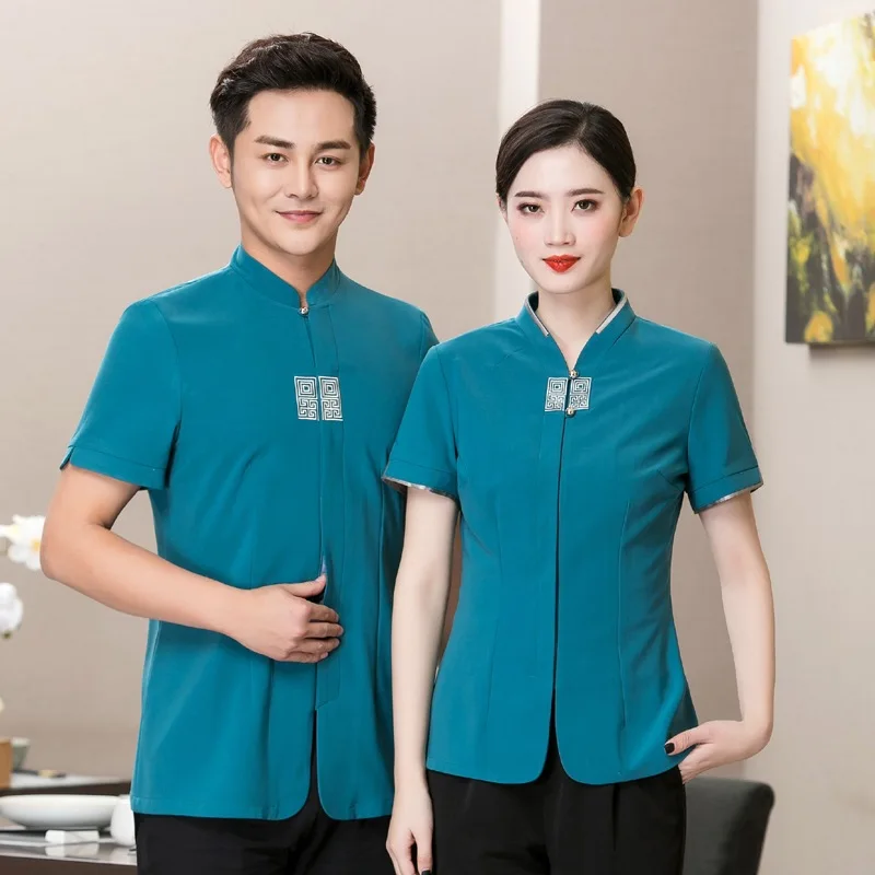 Hotel Workwear Summer Women Restaurant Coat Uniform Short Sleeve Waitress of Chafing Dish Canteen Breathable Men Jacket H2118