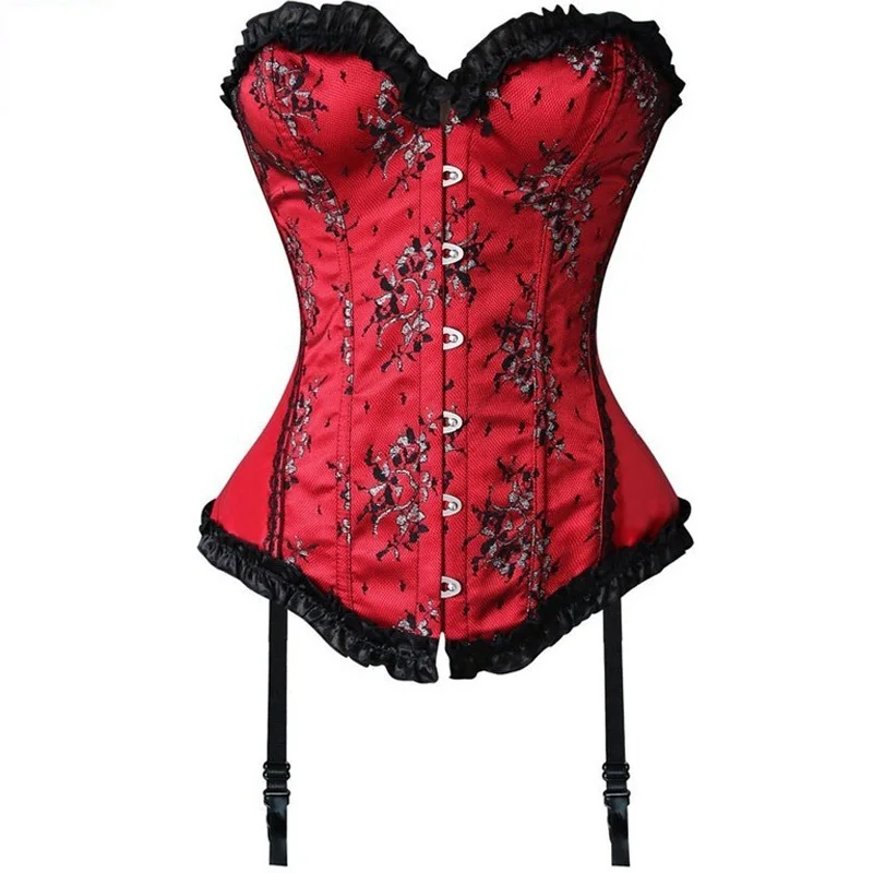 Sapubonva fashion sexy women gothic corset bustier lace up burlesque vintage overbust corset brocade flower corselet green red