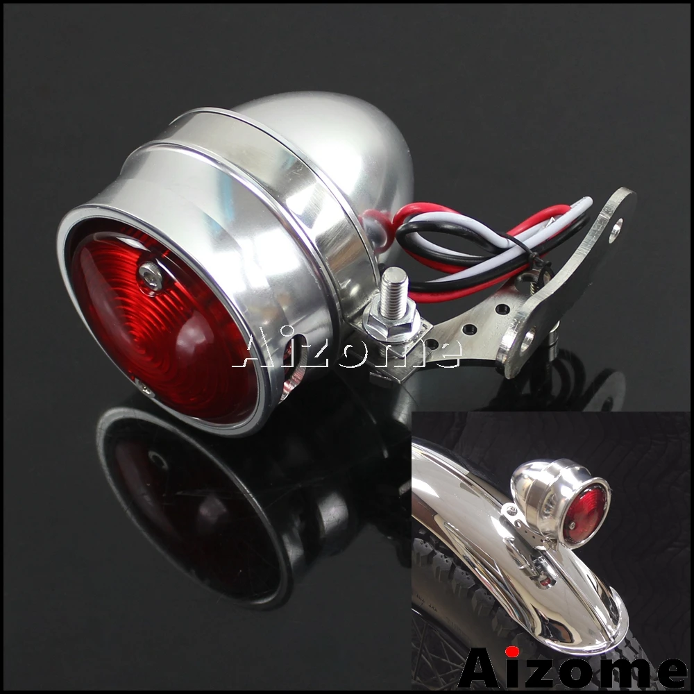 Polished Motorcycle Brat Style LED Tail Light Vintage Rear Stop Lamp For Harley Custom Cafe Racer w/ License Plate Light