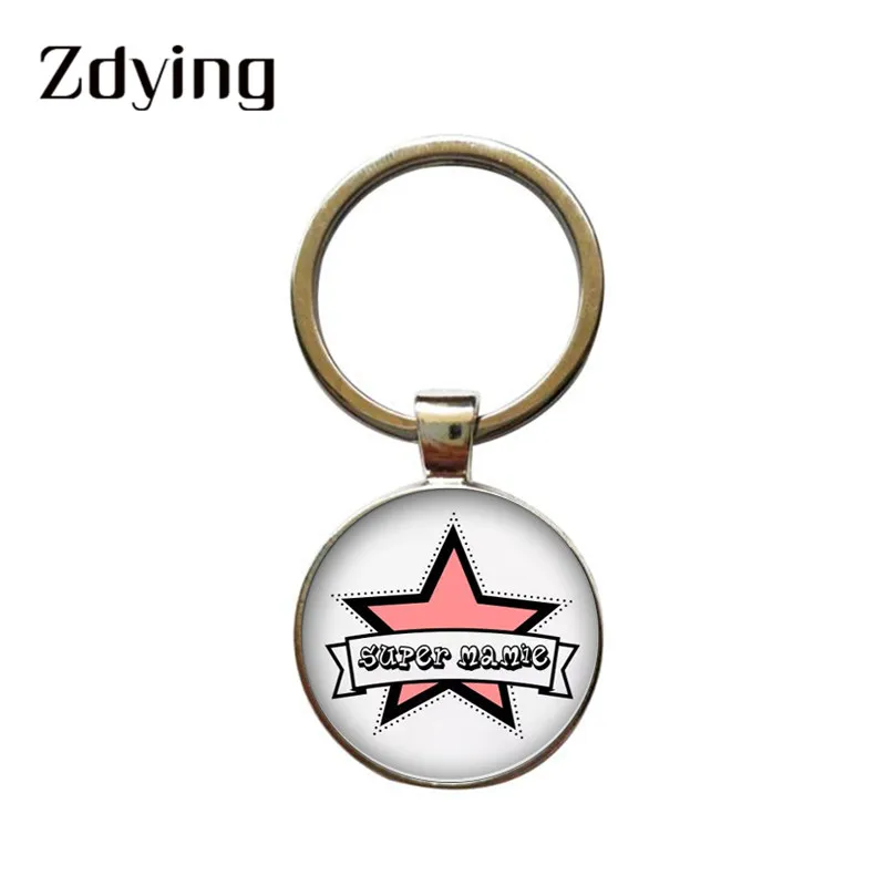 ZDYING Je Suis Une Super Mamie Keychain Glass Cabochon Super Papy Pattern Metal Key Ring Holder Grandmother Jewelry Gift Mi005