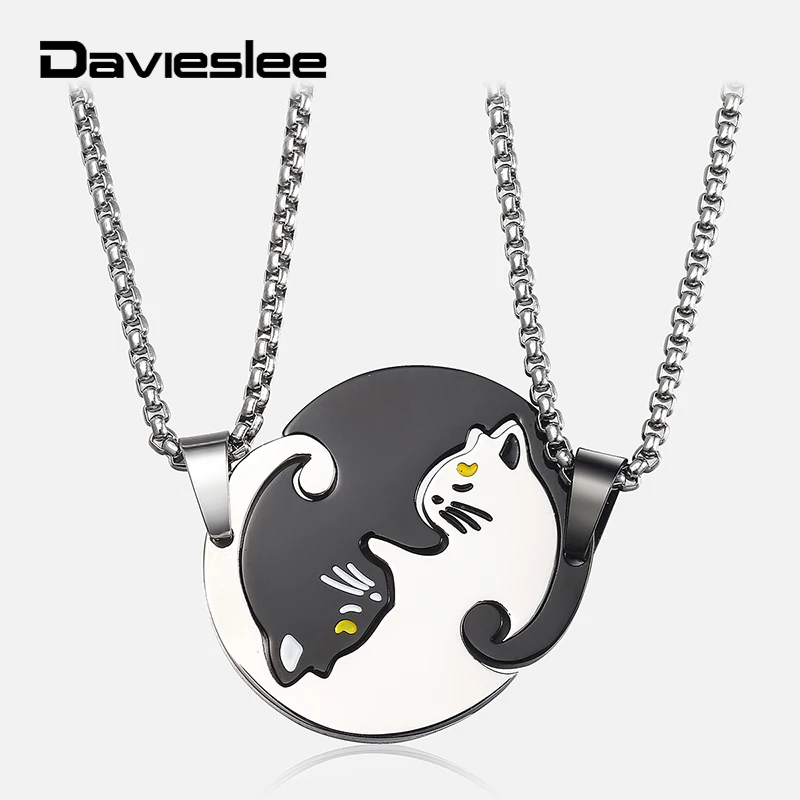 

Couples Pendants Necklaces for Men Women Black Silver Color Stainless Steel Pendant Necklace Cat Puzzle Lover Jewelry LKP640