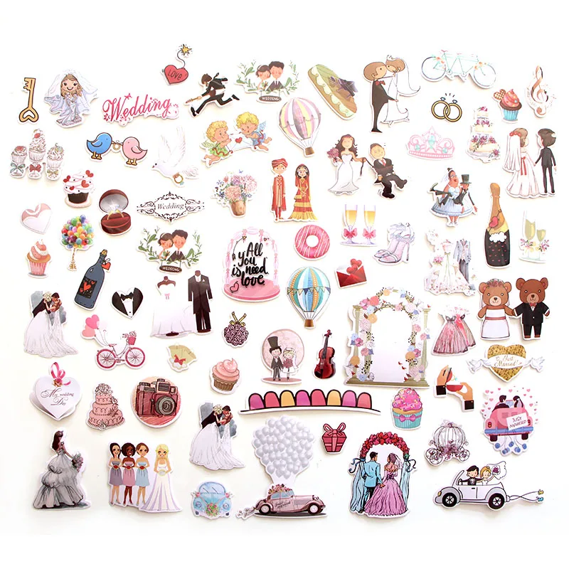 68pcs Wedding theme Creative badges DIY decorative stickers Cartoon for DIY PC wall notebook phone case scrapbooking album E0001