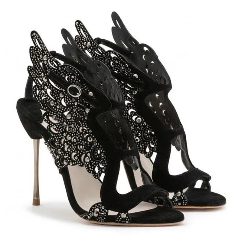 

Sexy Women Bling Carved Angle Wings Buckle Sandals High Heels Summer Female Patchwork Glitter Crystal Drilled Stiletto Shoes