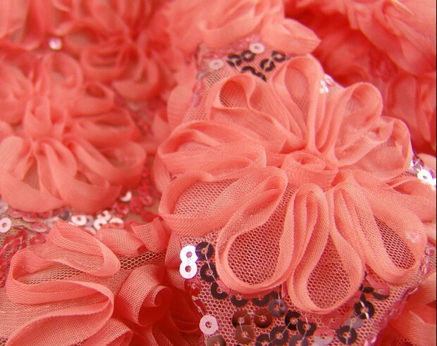 

1 meter 120cm 47.24" width watermelon red sequined 3D flowers mesh embroidered fabric for dress childrenwear MM237